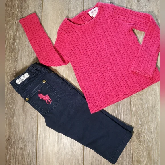 Ralph Lauren navy chinos and hot pink cable knit sweater Size 2T - Picture 1 of 13